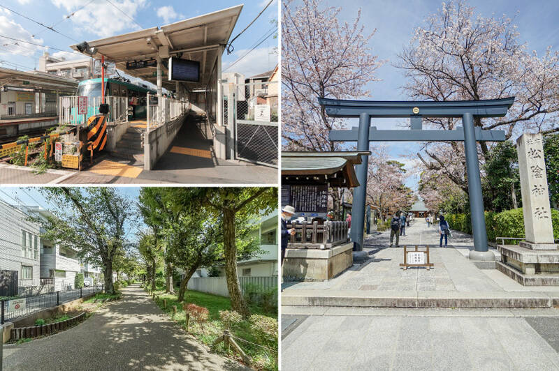 <b>左上・</b>「豪徳寺」駅そばの世田谷線「山下」駅（徒歩10分）。京王線に乗り換えられる「下高井戸」駅と、東急田園都市線に乗り換えられる「三軒茶屋」駅を結ぶ路面電車です。／<b>左下・</b>「烏山川緑道」をお散歩コースに。（徒歩4分）／<b>右・</b>吉田松陰先生を祀る「松陰神社」。学力向上や合格祈願のご利益があると言われています。（徒歩11分）