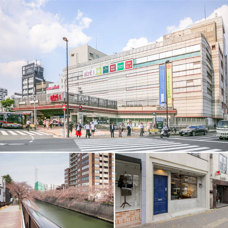 <b>上・</b>JR山手線をはじめとする、複数の路線が利用できる「目黒」駅（徒歩15分）。駅周辺には、商業施設、商店街、ミニシアターなど、日々の暮らしを支える環境が揃っています。／<b>左下・</b>駅からは飲み屋さんが軒を連ねる権之助坂を下り、この「目黒川」を越えるアプローチ。春には川沿いで満開の桜を愛でられますよ。（徒歩9分）／<b>右下・</b>目黒通り、通称 “目黒インテリアストリート” にある「Lewis（ルイス）」。北欧のユーズド家具を中心にセレクトしているお店です。（徒歩4分）