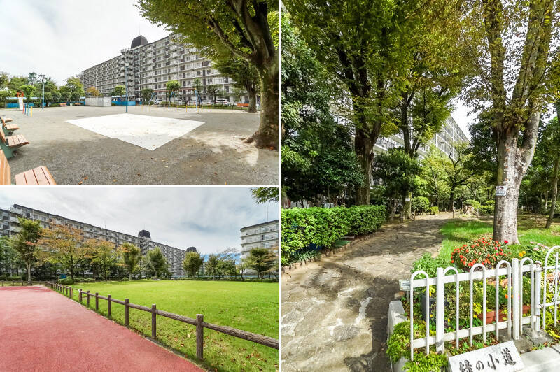 <b>左上・</b>2棟の間に設けられたマンション敷地内の公園。お子さま用遊具完備です。／<b>左下・</b>建物北側にドーンと広がる芝生の広場は、お隣の「かながわサイエンスパーク」のもの。マンションと繋がっているので、お庭がわりに使えてラッキー！／<b>右・</b>そして南側には「緑の小道」が。本当にマンションのまわりが憩いのスペースだらけで、ニコニコしちゃいます。
