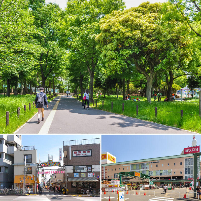 <b>上・</b>最寄りの東京メトロ東西線「南砂町」（徒歩11分）駅のすぐそばにある、「南砂三丁目公園」。物件周辺にも複数の公園や緑道があり、自然をそばに感じられる環境です。／<b>左下・</b>地域の人々の暮らしに根ざしたお店が軒を連ねる「砂町銀座商店街」。全長670mの通りには、約180もの店舗が並びます。（徒歩7分）／<b>右下・</b>買い物や食事はもちろん、ボウリングやダーツ、カラオケまで楽しめる大型ショッピングセンター「トピレックプラザ」。（徒歩10分）