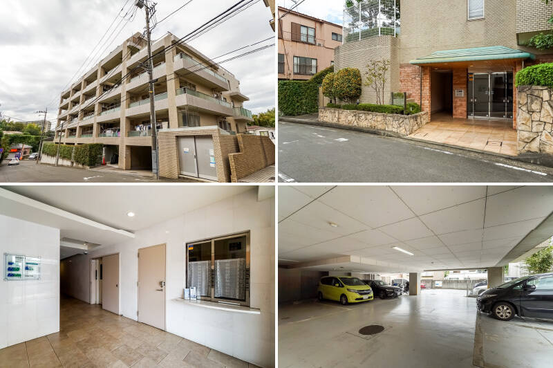 <b>左上・</b>厚木街道から一本奥に入った坂道に佇む、総戸数24戸のマンションです。2005年築と、中古マンション界ではまだまだお若めと言える建物ですよ。／<b>右上・</b>エントランスにはオートロック、宅配ボックスを完備。／<b>左下・</b>こぢんまりとしたホールを抜けると、エレベーターがエリアごとに合計2基備わっています。待ち時間が少なくなってうれしいポイントですね。／<b>右下・</b>マンションの駐車場は、平置きと機械式があり、月額6,000円〜13,000円で利用可能です。