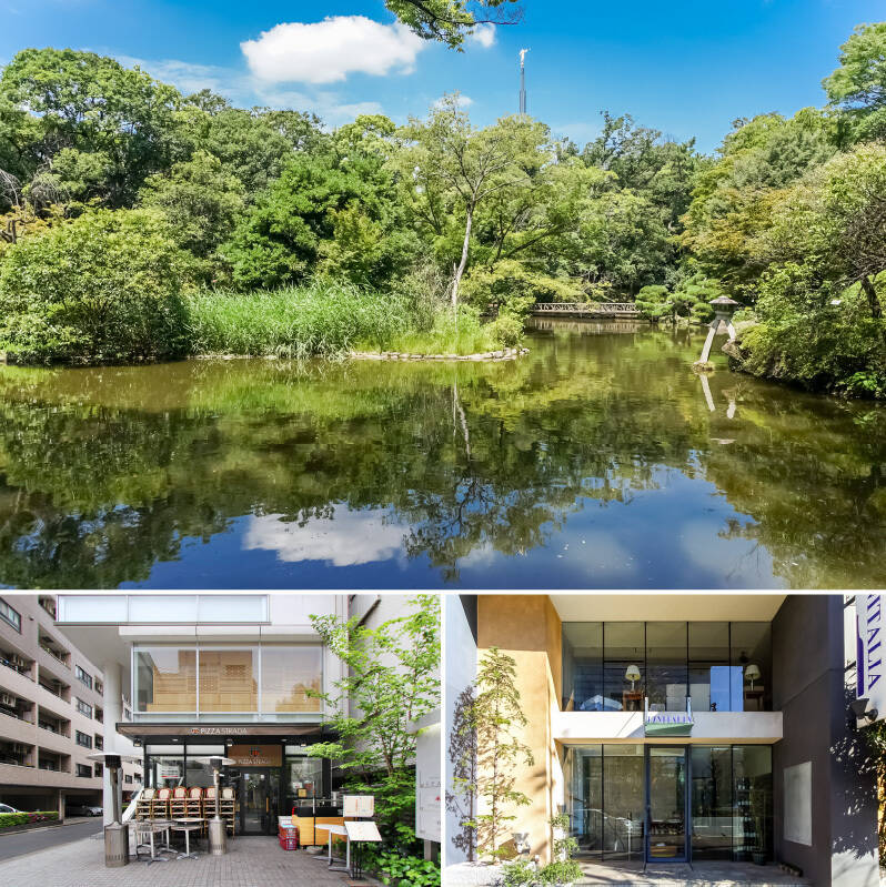 <b>上・</b>徒歩10分の場所には、自然豊かな「有栖川宮記念公園」が。四季を肌で感じながらのんびりお散歩、なんていかがでしょうか♪／<b>左下・</b>売主さまおすすめの「PIZZA STRADA」。窯で焼かれた、食感を楽しめるピザがいただけます。テラス席はペットの同伴が可能ですよ！（徒歩4分）／<b>右下・</b>こちらも売主さまがよく行かれるという「Casa Vinitalia（カーザ・ヴィニタリア）」。約300種のイタリアワインと、日本とイタリアの旬の食材から生まれるイタリアンが堪能できます。（徒歩6分）