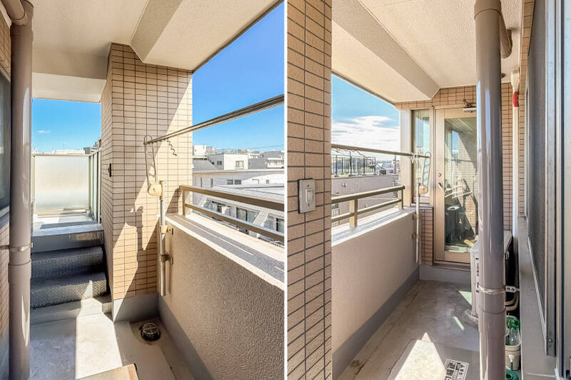 バルコニーには物干し金具が備わっています。そして左手にある階段の先には……