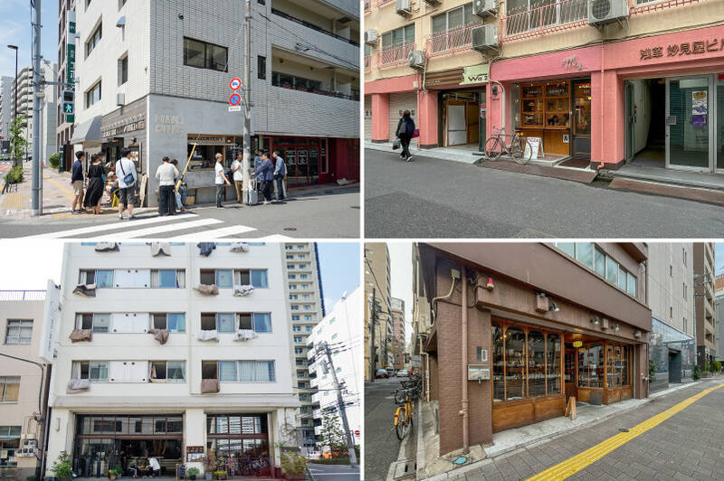<b>左上・</b>「蔵前」には気になるスポットがたくさん！ 春日通り沿いに店舗を構えるold burger stand「McLean（マクレーン）」。ジューシーなバーガーにかぶりついた後は、横の「LEAVES COFFEE APARTMENT（リーブス コーヒー アパートメント）」で食後のコーヒーを。（徒歩8分）／<b>右上・</b>NYスタイルのピザを楽しめる「Maple Pizza（メイプルピザ）」。（徒歩7分）／<b>左下・</b>「Nui. HOSTEL & BAR LOUNGE（ヌイ ホステル アンド バーラウンジ）」は連日海外からの旅行者が集まるゲストハウス。1階にはカフェも併設されており、一服したいときにおすすめ。（徒歩9分）／<b>右下・</b>寿三丁目の交差点近くに位置する「道具屋nobori」。外観から素敵な香りがぷんぷんしますね……！（徒歩4分）