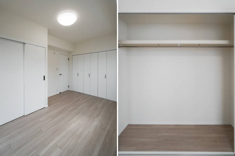 洋室Bのすごいところは、収納の多さです。壁の二面を使って、奥行きの深いクローゼットがふたつ用意されており、しっかりと暮らしをサポートしてくれますよ。