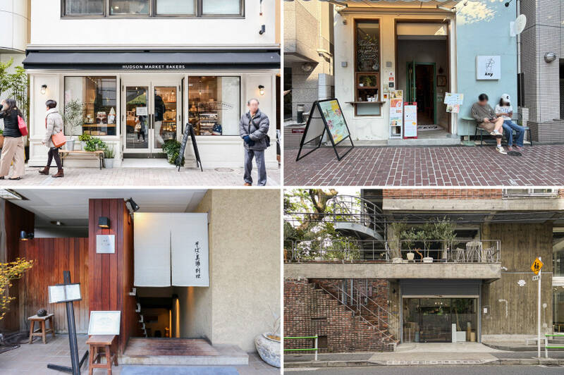 <b>左上・</b>「HUDSON MARKET BAKERS(ハドソン マーケット ベイカーズ)」は本場アメリカのスイーツ店。コーヒーも美味しいので、イートインでいただくのもオススメ。(徒歩13分)/<b>右上・</b>季節のフルーツを楽しめるジュース屋さん「Any AZABU JUICERY(エニィ・アザブ・ジューサリー)」(徒歩6分)/<b>左下・</b>「麻布 川上庵」は和モダンな空間で蕎麦をいただけるお蕎麦屋さん。(徒歩9分)/<b>右下・</b>
観葉植物の専門店「REN(レン)」ではグリーンのメンテナンスも行っており、お店に行けばアドバイスをもらうことができますよ。(徒歩7分)