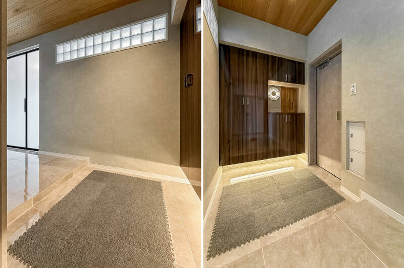 すりガラスの建具や上部の窓から光が届き、明るい印象の玄関スペース。ふたり並んで靴を履ける広さです。