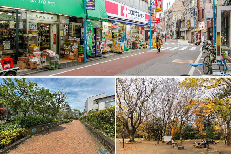 <b>上・</b>駅周辺に広がる「池尻大橋駅前商店会」。スーパーやドラッグストア、飲食店など日々の暮らしを支える店舗が軒を連ねています。（徒歩11分）／<b>左下・</b>四季を感じられる植栽が続く「北沢川緑道」は、愛犬とのお散歩やランニングコースとして気持ちよく利用できそう。（徒歩3分）／<b>右下・</b>「目黒区立駒場野公園」は、園内にはテニスコートやデイキャンプ場も備わる、豊かな自然に触れ合えるスポット。お子さまとの思い出作りにもぴったりです♪（徒歩11分）