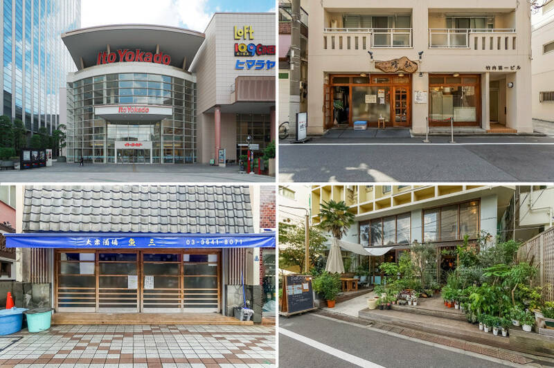<b>左上・</b>スーパーやレストラン、フィットネスクラブ、映画館、医療施設まで揃う「深川ギャザリア」。日々の買い物から休日のレジャーまで、頼れる存在になってくれそうですね。(徒歩6分)/<b>右上・</b>地元民に愛されるラーメン店「支那そば晴弘(はるこう)」。友人同士で “ラーメン飲み” を楽しんだり、家族みんなでラーメンを囲んだり。ふらっと立ち寄りたくなる街の人気店です!(徒歩2分)/<b>左下・</b>昭和の香りが漂う大衆居酒屋「魚三酒場 富岡店」は、行列ができる人気店。リーズナブルな価格でおいしい料理を楽しめます!(徒歩4分)/<b>右下・</b>カフェやグリーンショップ、フォトスタジオ、工房、インテリアデザイン事務所など、さまざまなジャンルが集まる複合施設「YANE(ヤネ)」。ショーケースに並ぶケーキが、いつ見てもおいしそうなんです。(徒歩3分)