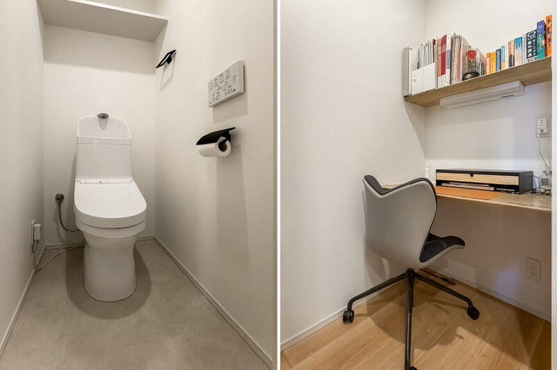 <b>左・</b>トイレは廊下から直接出入りするつくり。／<b>右・</b>同じく廊下にはDENが設けられています。カウンター付きなので、ちょっとしたワークスペースにも活用できそう♪