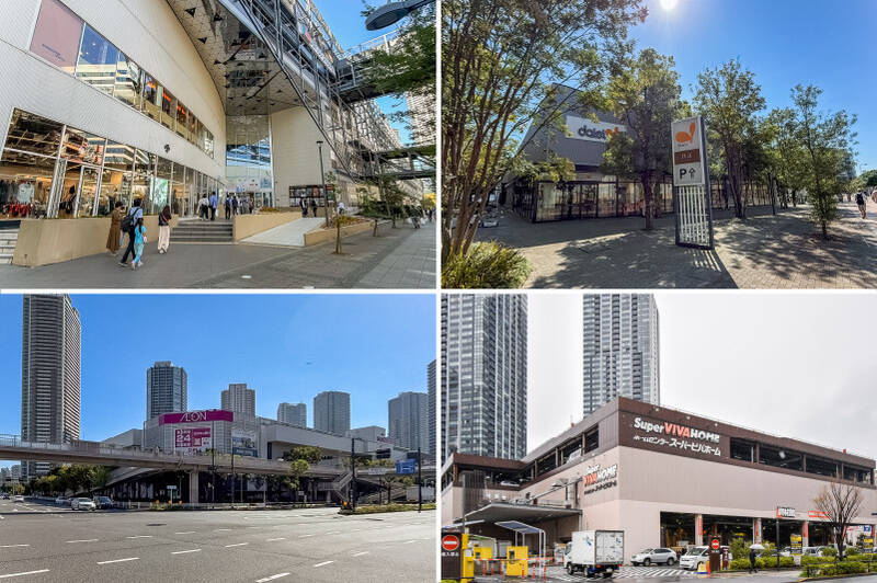 <b>左上・</b>マンション前の道をまっすぐ歩いて約9分で「アーバンドック ららぽーと豊洲」に到着！ ショッピングからグルメ、映画まで楽しめます。赤ちゃん連れの強い味方「アカチャンホンポ」も入っていますよ〜！／<b>右上・</b>「ダイエー 豊洲店」をはじめ、徒歩10分圏内には複数のスーパーが揃い、日々のお買い物にも便利です。（徒歩9分）／<b>左下・</b>「東雲」方面へ足を伸ばせば、大型商業施設「イオン 東雲」も。（徒歩14分）／<b>右下・</b>日用品やDIY用品のお買い物には、都内でも有数の規模を誇るホームセンター「スーパービバホーム 豊洲店」へ！（徒歩13分）