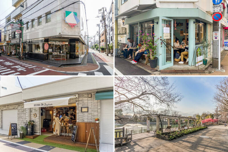 <b>左上・</b>お祝いごとのケーキを買うなら老舗の「MATTERHORN（マッターホーン）」へ。（徒歩10分）／<b>右上・</b>バインミー（ベトナム風サンドウィッチ）専門店「Stand Bánh Mì（スタンドバインミー）」。休日は行列ができる人気店です！（徒歩10分）／<b>左下・</b>北海道産の材料にこだわってつくったドーナツをはじめとしたスイーツをいただける「HIGUMA Doughnuts（ヒグマ ドーナッツ） 学芸大学店」。（徒歩11分）／<b>右下・</b>ペットとのお散歩に「碑文谷公園」。ところどころにベンチが設けられており、ワンちゃんとのお散歩の合間に休憩している方々の姿をよく見かけました。（徒歩7分）