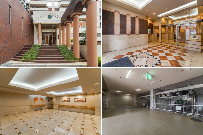 <b>左上・</b>建物7階にある、ちょっと神殿風のオシャレなエントランス。ほか、坂の下にサブエントランスもあり使い分け可能です。／<b>右上・</b>エントランスにはオートロックや宅配ボックスを完備◎ ラグジュアリー感があっていい雰囲気です！／<b>左下・</b>共用ホールの隣には、ガラス張りの住民用ワークスペースもありました。／<b>右下・</b>敷地内にある広々とした駐車場。