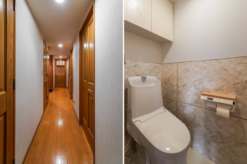 <b>左・</b>住戸内の廊下はこんな感じ。明るいブラウンの建具がクラシックな雰囲気を醸し出しています。ちなみに、廊下には物入れがふたつ備わっていますよ。／<b>右・</b>フロアタイルで仕上げた、お手入れしやすそうなトイレ。こちらもキレイな状態だと感じましたよ。
