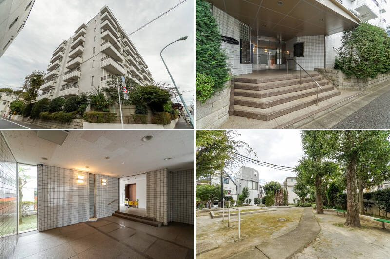 <b>左上・</b>マンションは1987年築で、<b>新耐震基準に適合</b>しています。2025年に大規模修繕工事を実施しており、気持ちよく暮らせそうなキレイな状態だと感じましたよ。／<b>右上・</b>エントランスには数段の階段あり。／<b>左下・</b>オートロックの先に管理人室があります。取材時は、にこやかな管理人さんが丁寧に対応してくださいました。／<b>右下・</b>建物の隣には鉄棒のある小さな広場が。お子さまのちょっとした遊び場によさそうです。