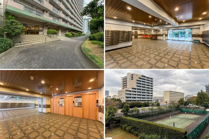 長期修繕計画書に基づき適切に管理されており、築年数は経過しているものの、共用部・設備はきれいに整備されている印象です。そしてマンションの裏手には、なんとテニスコート（右下）も！ 使用申請と使用料を払えば、気軽にテニスを楽しめますよ。