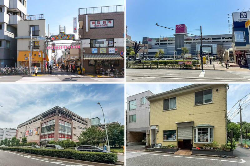 <p><b>左上・</b>下町情緒を感じられる「砂町銀座商店街」。夕食のお惣菜探しに足を運んでみてはいかが？（徒歩11分）／<b>右上・</b>お買い物や食事はもちろん、ボウリングやダーツ、カラオケまで楽しめる大型ショッピングセンター「トピレックプラザ」。（徒歩7分）／<b>左下・</b>「SUNAMO（スナモ）」は、ファッションや生活雑貨、スーパー、飲食店などが揃う大型商業施設。（徒歩15分）／<b>右下・</b>「aoiケーキ店」には、季節ごとにラインナップが変わるケーキが並びます。（徒歩9分）</p>