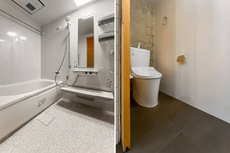 <p>浴室乾燥機を完備した、1418サイズのバスルーム。トイレは手洗い器一体型です。</p>