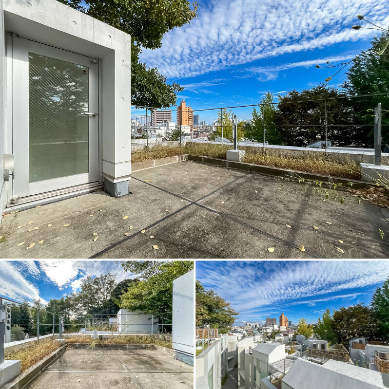 屋上へ続く階段を上ると……空が広がる、気持ちのいい<b>ルーフバルコニー</b>が登場！ 家族みんなで憩える、特別感のある場所です。いや〜本当に戸建てのようですよね。