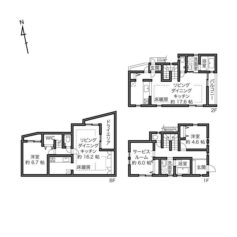 まずは住戸内を間取り図でチェックしましょう。玄関やLDK、洗面室・浴室がふたつずつ備わり、トイレは各階に設置された間取りです。二世帯での暮らしはもちろん、家族構成やライフスタイルに合わせたさまざまな使い方を思い浮かべながらご覧ください。<p><br></p><p>■ 土地面積：約76㎡（約23坪）</p><p>■ 建物面積：約126㎡（約38坪）</p>
