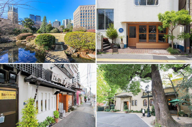<b>左上・</b>四季折々の自然と和の情緒を味わえる「大隈庭園」。お散歩や読書にぴったりのスポットです。(徒歩9分)/<b>右上・</b>洗練された空間でこだわりの一杯を楽しめる「夏目坂珈琲」。(徒歩3分)/<b>左下・</b>1884年創業、地元で長く愛され続ける老舗天ぷら店「高七」。(徒歩5分)/<b>右下・</b>歴史ある洋館と優美な庭園が広がる「小笠原伯爵邸」。特別な日のランチやディナーに訪れてみてはいかがでしょう。(徒歩12分)