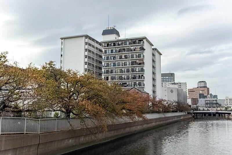 「仙台堀川」沿いに建つマンション。川沿いには桜の木が並び、春にはピンク色に染まる景色を楽しめそうです。