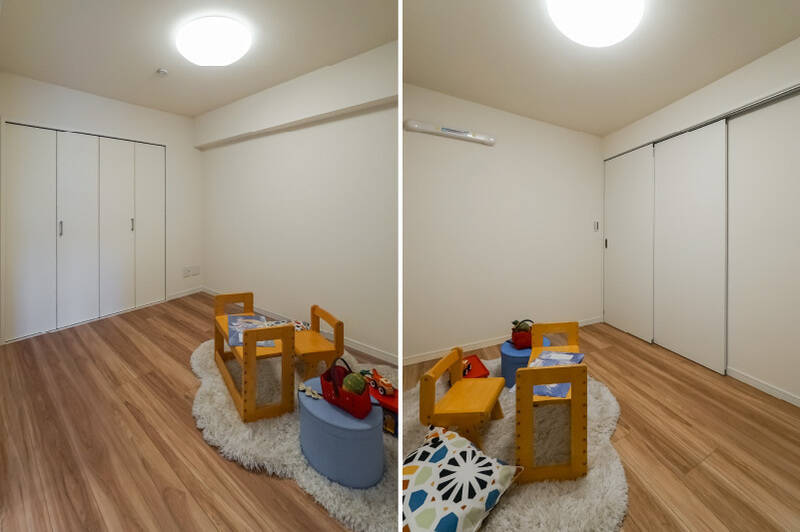 洋室Bは窓のない個室です。引き戸を開け放てば隣のキッチンから目が届きやすいので、写真のようにお子さまのお昼寝＆プレイルームとして活用するのにピッタリかも。収納も、しっかりクローゼットが備わっていますよ。