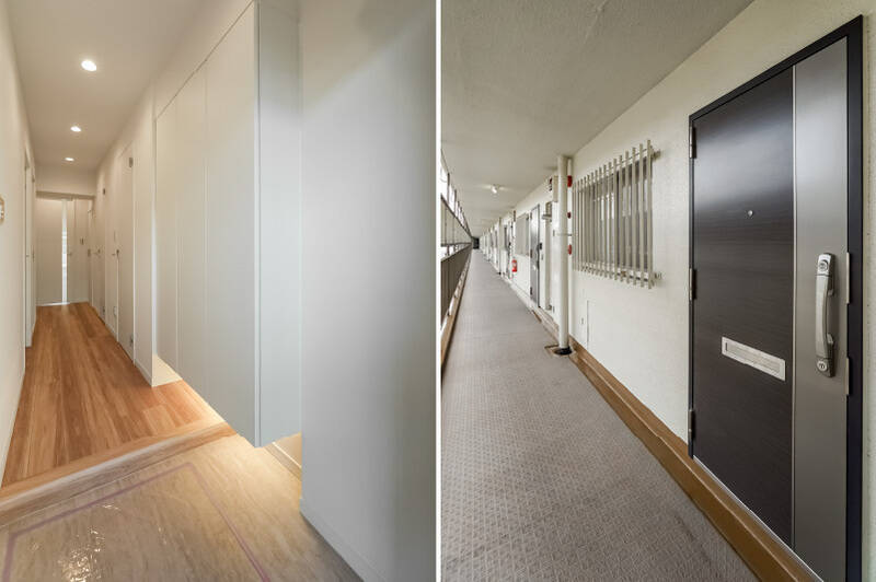 <b>左・</b>玄関は比較的タイトなつくりですが、建具がホワイトで統一されているおかげで圧迫感は感じませんでしたよ。／<b>右・</b>こちらは6階の共用廊下。住戸の玄関扉は重厚感あるものに更新済みです。
