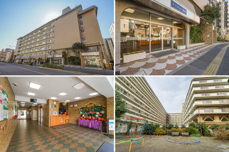 <b>左上・</b>1975年築、総戸数177戸の大規模なマンション。1階部分にはテナントとして飲食店やヘアサロンなどが入居しています。／<b>右上・</b>エントランス付近のタイルのレトロな意匠が可愛い♪ ／<b>左下・</b>タイル張りの共用ホールには防犯カメラ＆モニターを完備。取材時には手の込んだハロウィンの装飾が施されていました！／<b>右下・</b>お隣にある「国領児童遊園」からマンションの裏側を眺めて。建物右下には2013年に施工された<b>耐震補強</b>を確認することができます。