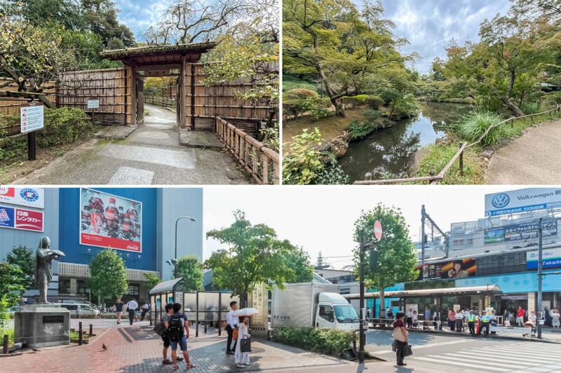 <b>上・</b>お散歩にも気持ちのいい「甘泉園公園」は、道路を挟んですぐの場所に。「甘泉園」の名は、園内に湧く泉の水がお茶に適していたことに由来するといわれています。（徒歩5分）／<b>下・</b>JR山手線が通る「高田馬場」駅が利用できるのは大きな魅力！ 学生が多い街らしく、駅前にはチェーン店から商業ビルまで、さまざまなお店が並びます。（徒歩13分）
