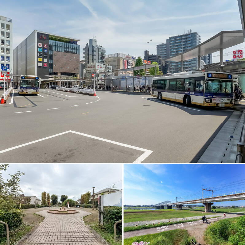 <b>上・</b>最寄りの京王線「調布」駅（徒歩12分）。特急停車駅で、「新宿」駅までは乗り換えなし約25分でアクセスできます。駅周辺には「トリエ京王調布（徒歩12分）」など大型商業施設が複数あり、買い物環境も充実していますよ！／<b>左下・</b>敷地に隣接する「古天神公園」。遊具が備わっているので、お子さまとの外遊びも気軽に楽しめそうです。（徒歩1分）／<b>右下・</b>多摩川の河川敷までも約7分と身近な距離。お散歩やジョギングコースはここで決まり！