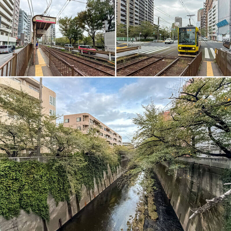 <b>上・</b>今では珍しい路面電車、都電荒川線の「面影橋」停留場から徒歩2分の場所に、今回ご紹介する物件はあります。／<b>下・</b>四季折々の表情を楽しめる「神田川」。左手にマンションが見えてきました！