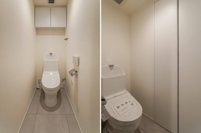 物件にはB1階・1階の両方にトイレがあります（贅沢）！ さらにB1階のトイレにはちょっとびっくりするほど奥行きの深い大収納が備わっているので、ご内見時にはぜひ開けてみてください。思いっきりペーパーストックできます。