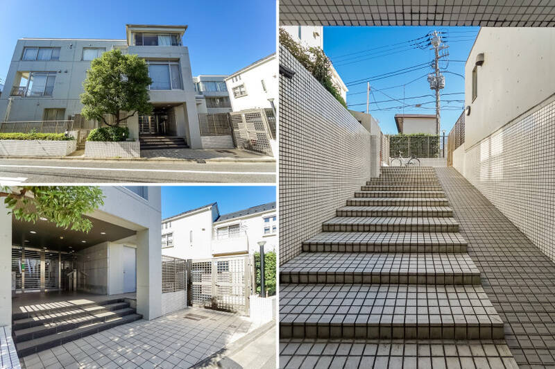 <b>左上・</b>総戸数21戸・2000年築の、まだ築浅の部類に入るマンションです。コンクリート打ち放しの外観がカッコいい！／<b>左下・</b>左に管理人室や宅配ボックスのあるメインエントランスがあり、右のゲートの先がサブエントランスです。／<b>右・</b>サブエントランスからはスロープでB1階までアクセスできて便利ですよ。