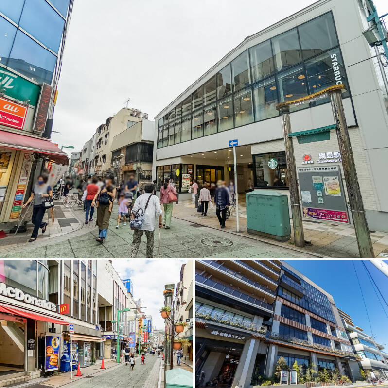 <b>上・</b>東急東横線「綱島」駅までは徒歩18分。バス利用も便利で、徒歩4分の「吉田口」停留所から乗車時間約8分で駅に到着します。雨の日や荷物が多い日などに活用したいですね。／<b>左下・</b>活気あふれる「綱島商店街」。昔ながらの個人店や気軽に立ち寄れる飲食店が軒を連ね、日々の買い物から外食まで楽しめます。（徒歩15分）／<b>右下・</b>再開発で賑わう「新綱島スクエア」。商業施設や文化ホールが集まり、休日のショッピングやカルチャー体験も身近で楽しめます。（徒歩19分）